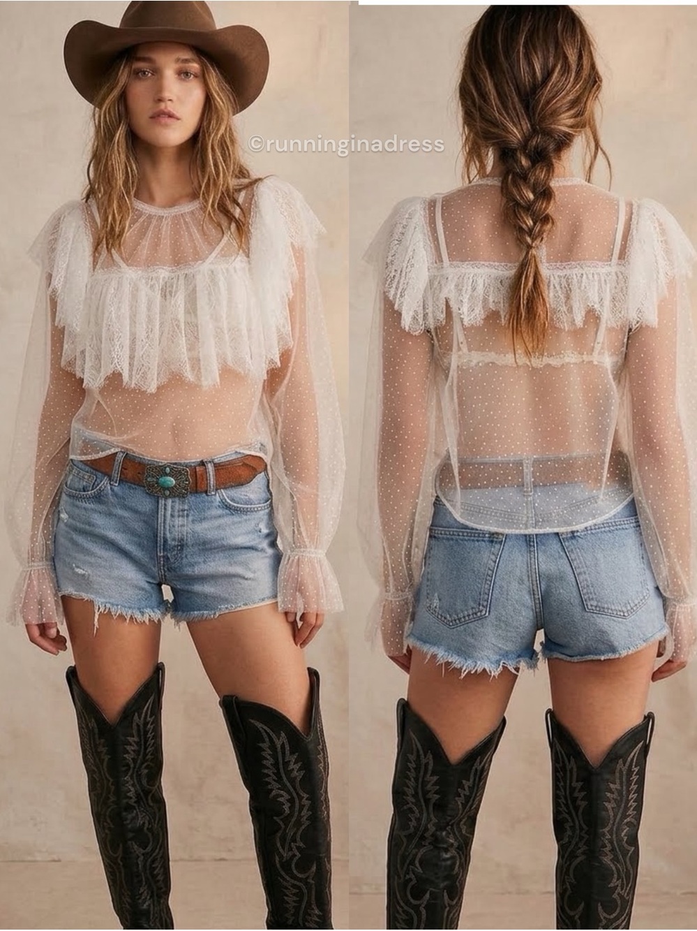 NWOT Free People Chloe Mesh Swiss Dot Lace Ruffle Blouse White L Boho Western